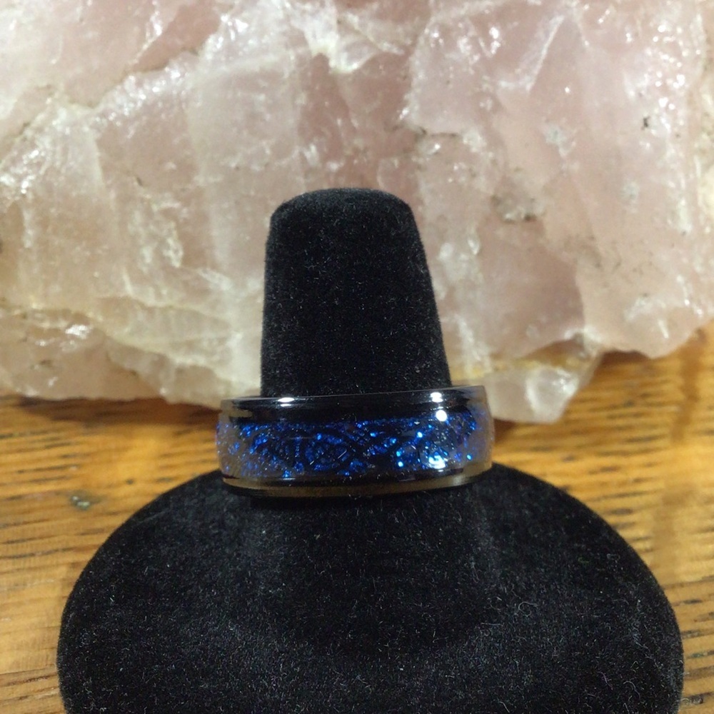 Stainless Steel Black and Blue Dragon Band Ring